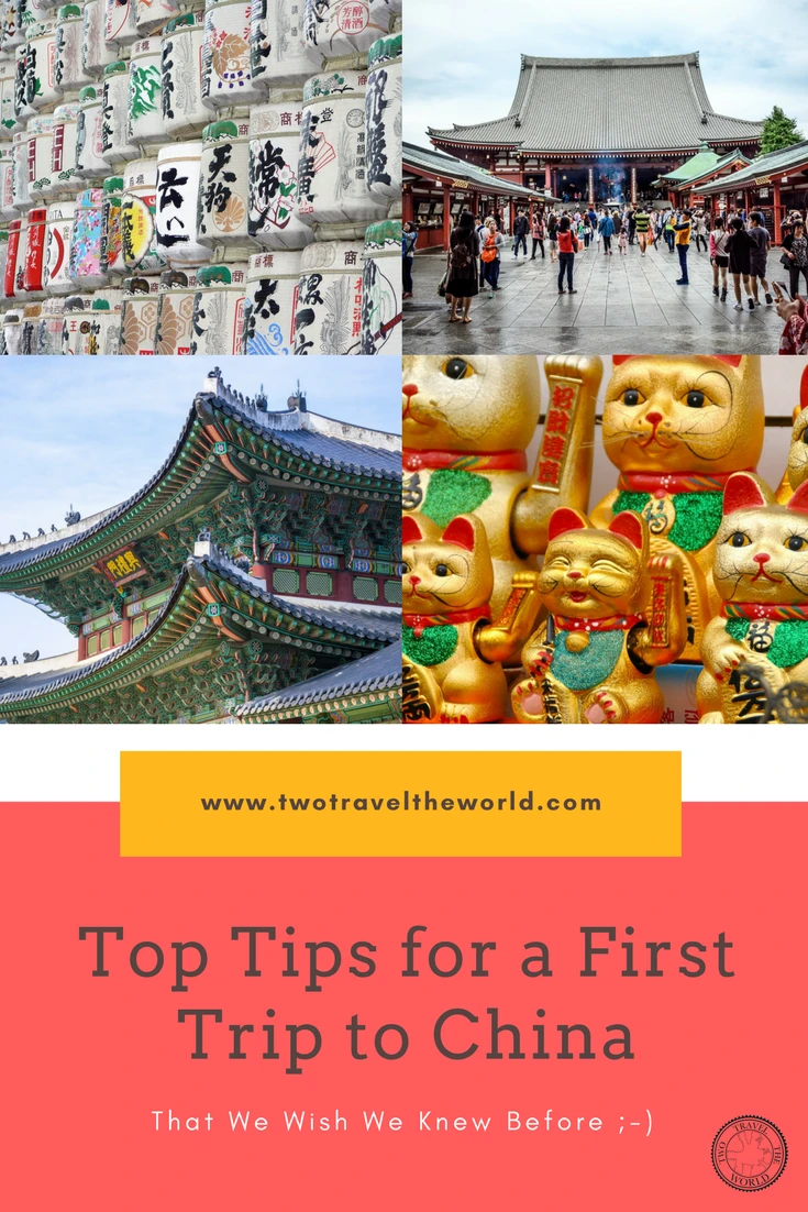 Top Tips for a First Trip to China - collage with Chinese lanterns, temple, and lucky cats