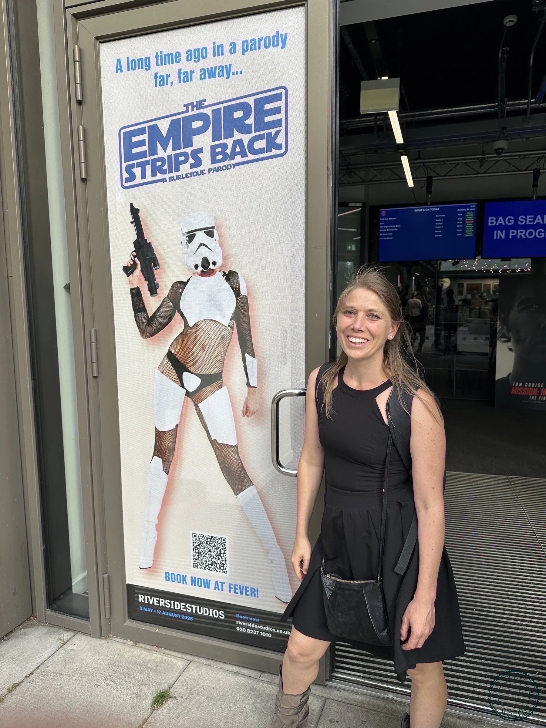 Posing outside The Empire Strips Back show at Riverside Studios London