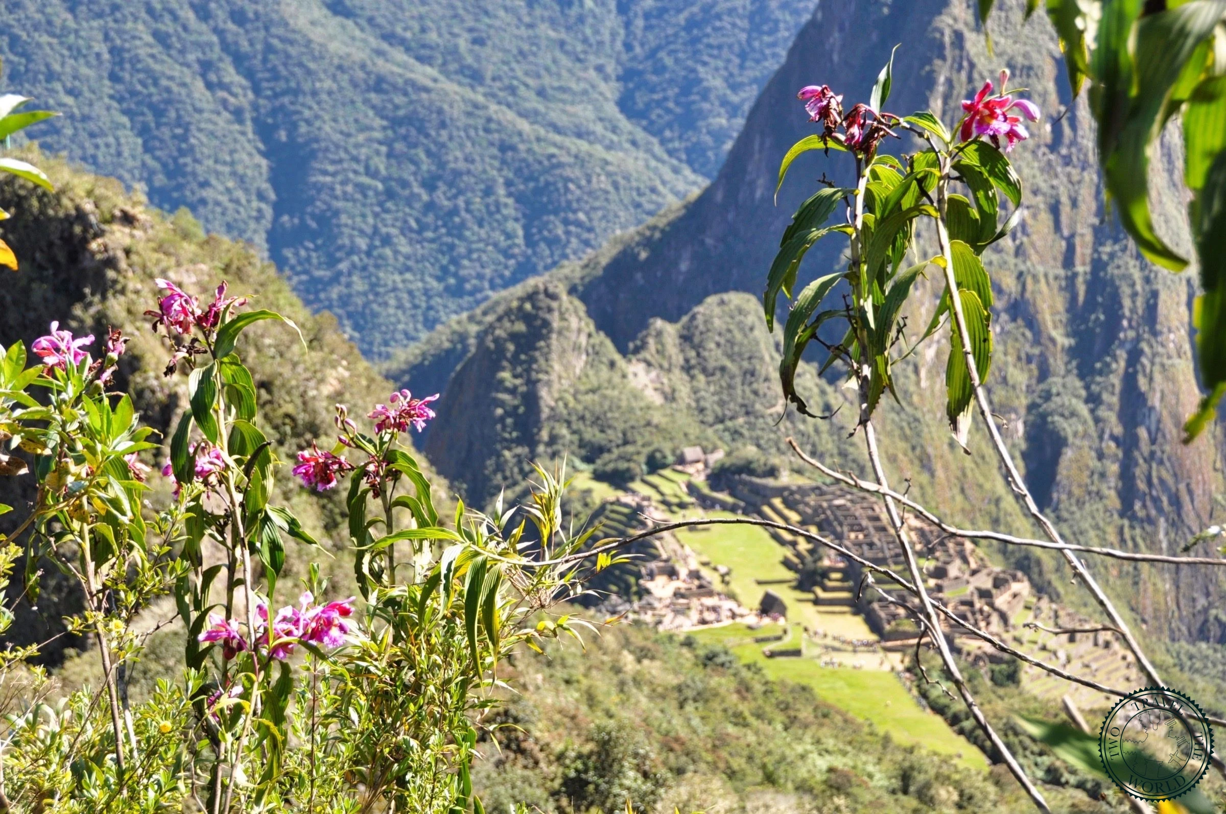 Looking down at Machu Picchu from the mountain trail switchbacks
