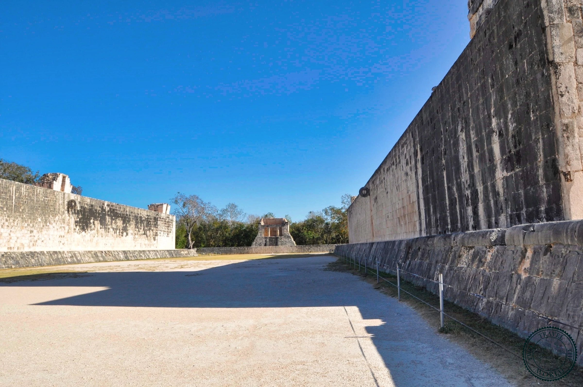 The massive Great Ball Court at Chichen Itza, the largest ball court of any discovered Mayan site, stretching over 150 meters
