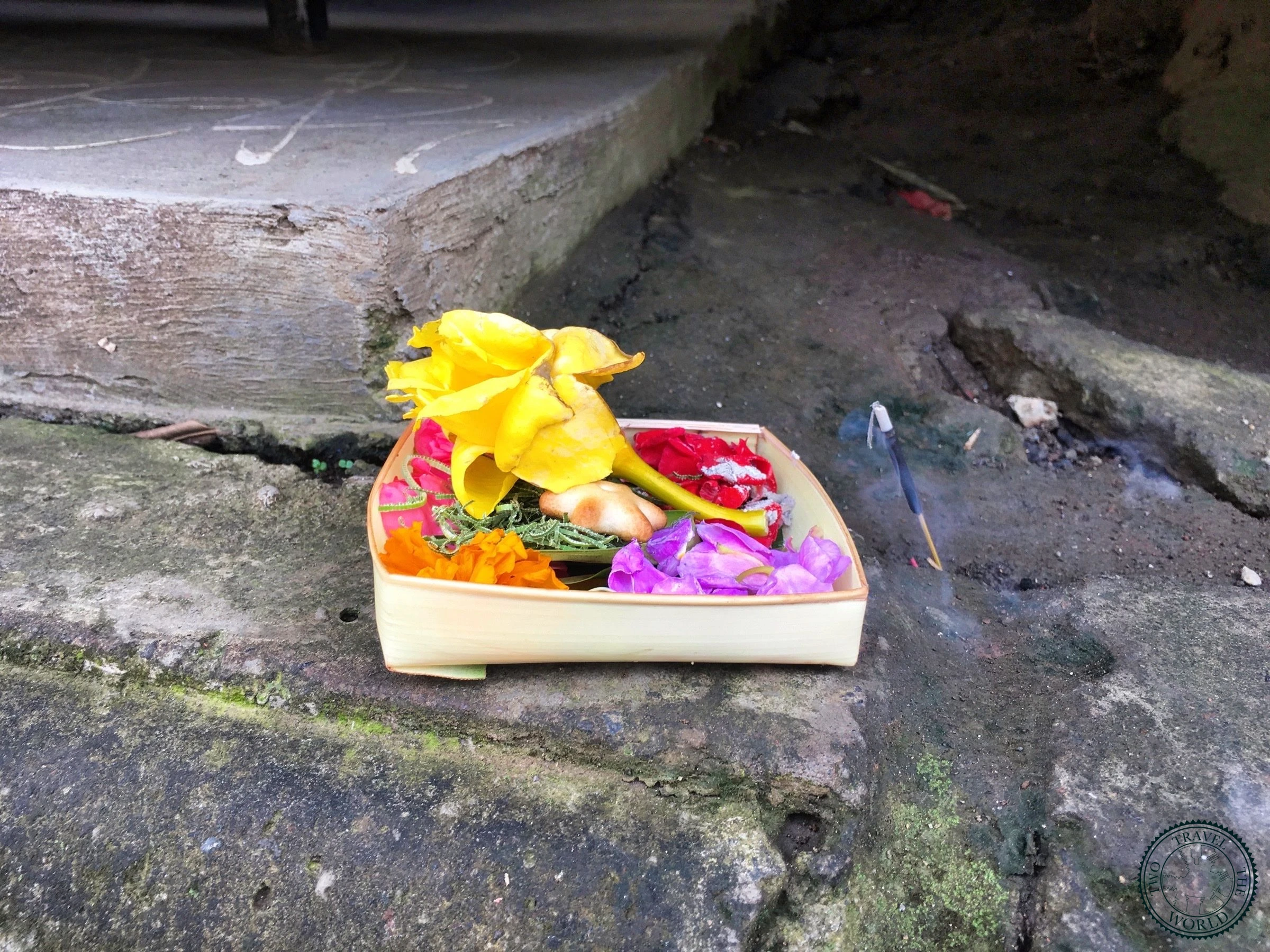 Traditional Balinese Canang Sari offerings on the streets of Ubud